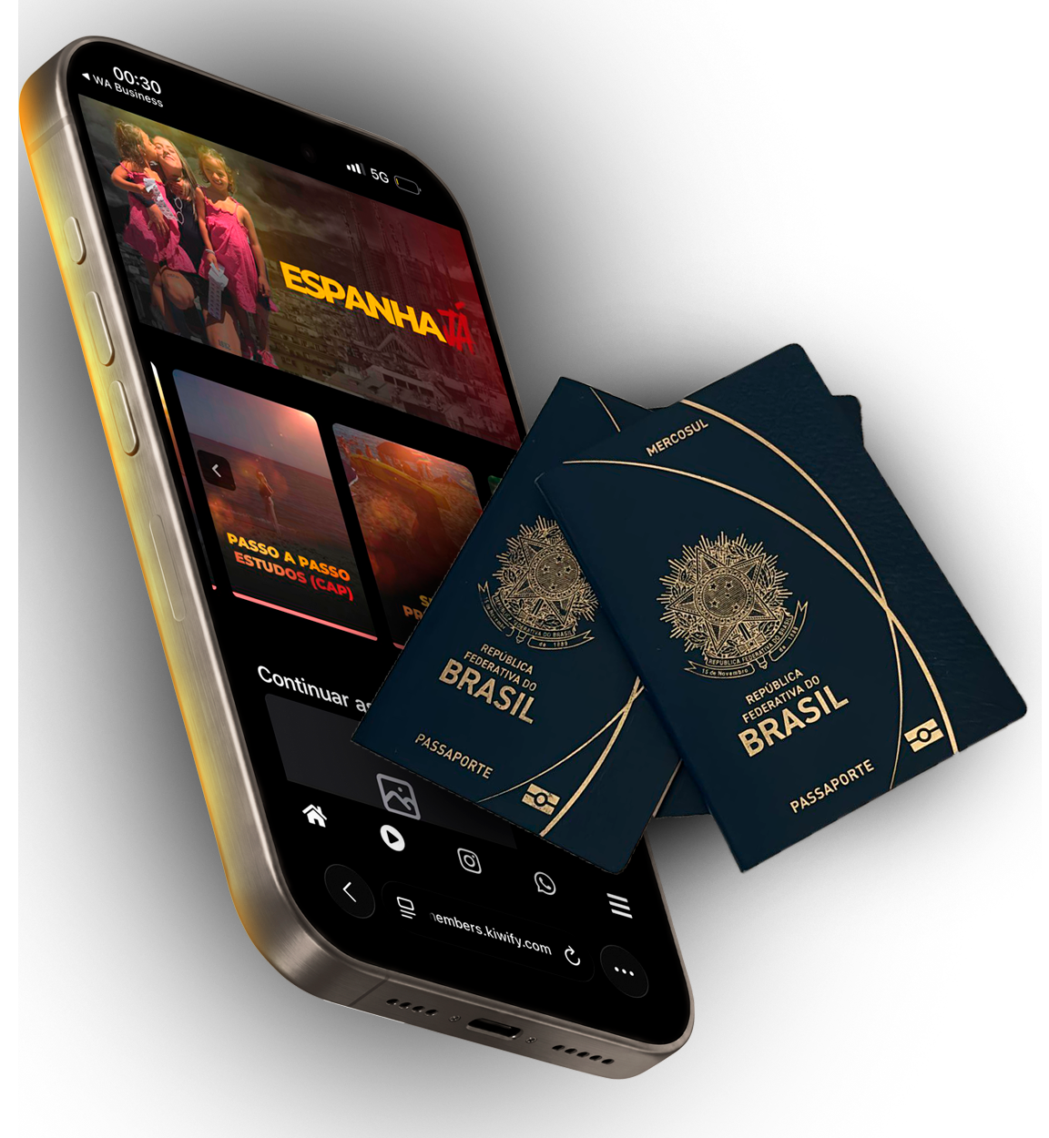 Guia Espanha Já — mockup do e-book com passaporte espanhol e passagem aérea
